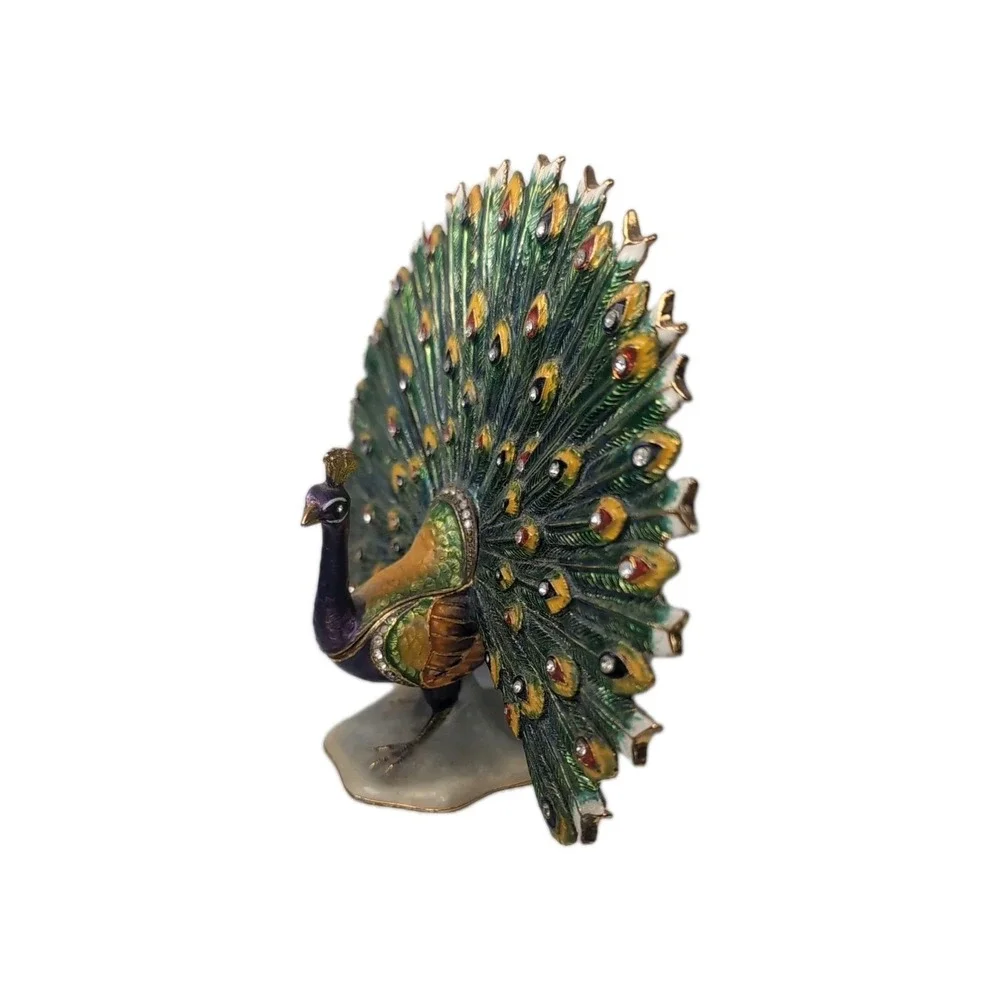 Sorelle Peacock Trinket Box Gold tone Hinged Storage Colorful Bejeweled